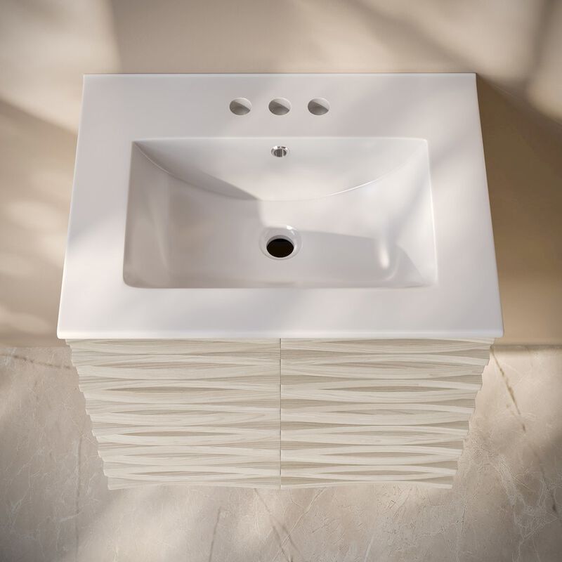 24" Wall-Mounted Bathroom Vanity in White Oak with 3-Hole Centerset Sink Top image number 3