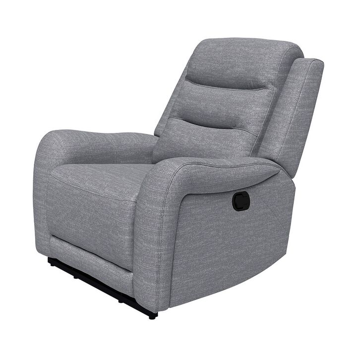 Clair Manual Recliner Chair with Scrolled Arms, Wood Frame, Gray Fabric  - Benzara