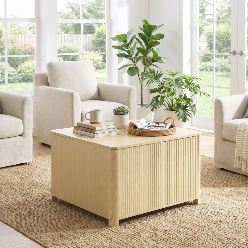 32" Modern Natural Wood Light Oak Fluted Square Coffee Table with Flip Top Hidden Storage image number 2
