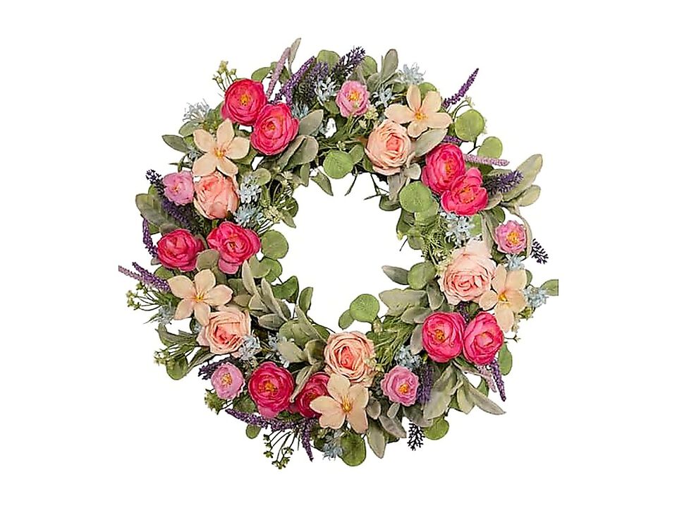 24 Inch Spring Wreath Front Door Magenta Pink Rose Floral Lavender Eucalyptus