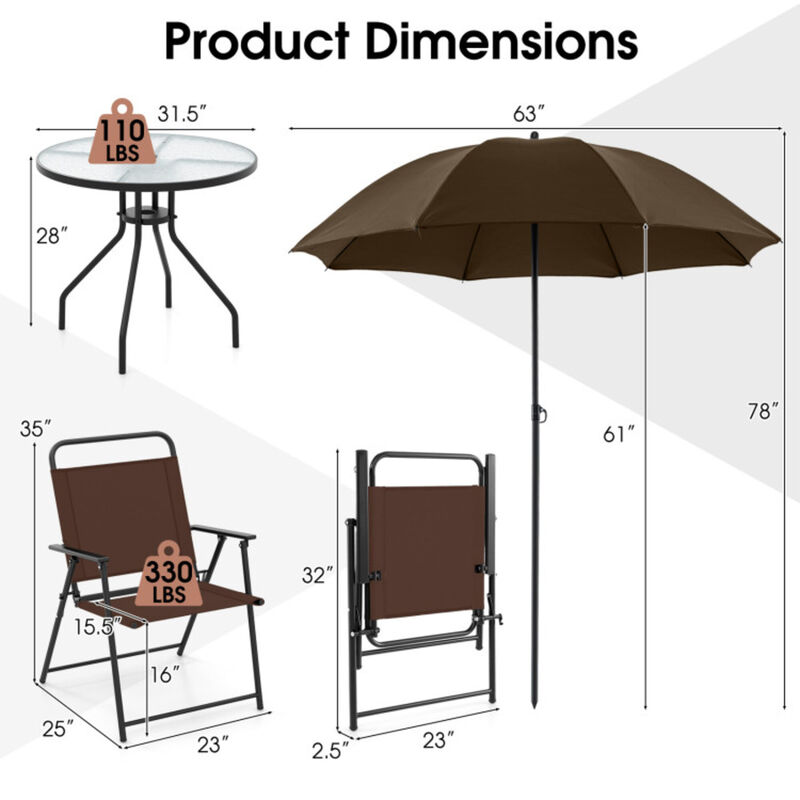 Mondawe 6-Piece Patio Dining Set With 71" Tilt Umbrella, 4 Folding Chairs & Tempered Glass Table