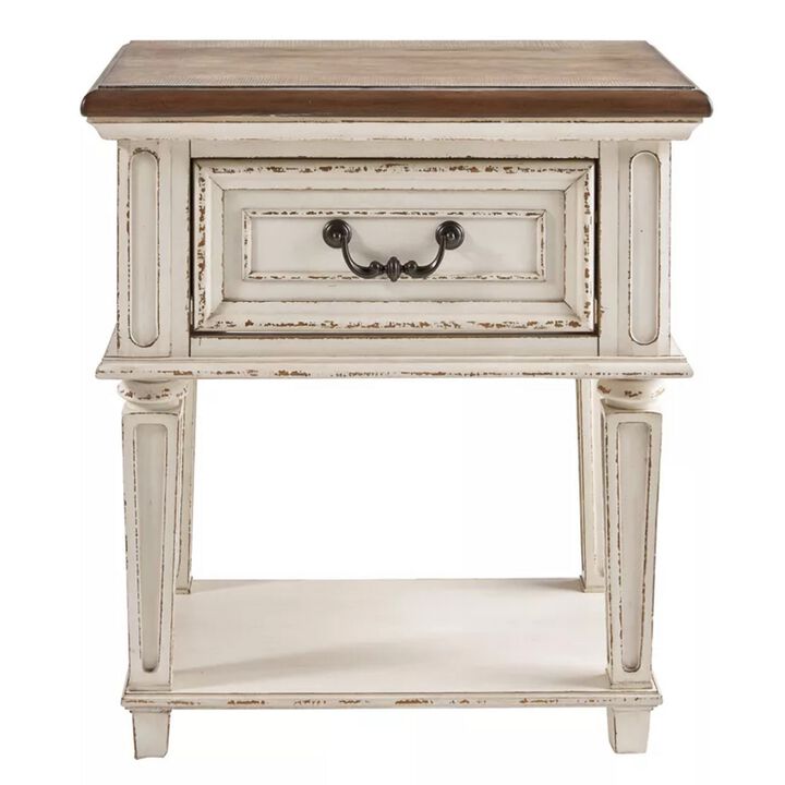 1 Drawer Wooden Frame Nightstand with Tapered Legs, Brown and Antique White-Benzara