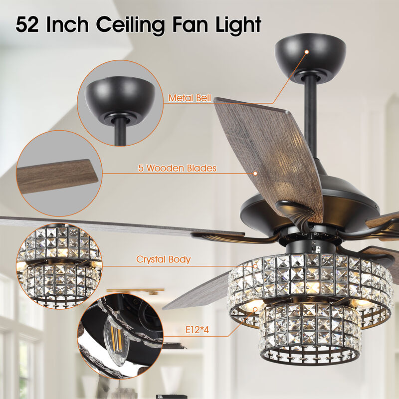 52 in. Black Crystal Chandelier Ceiling Fan with Light and Remote