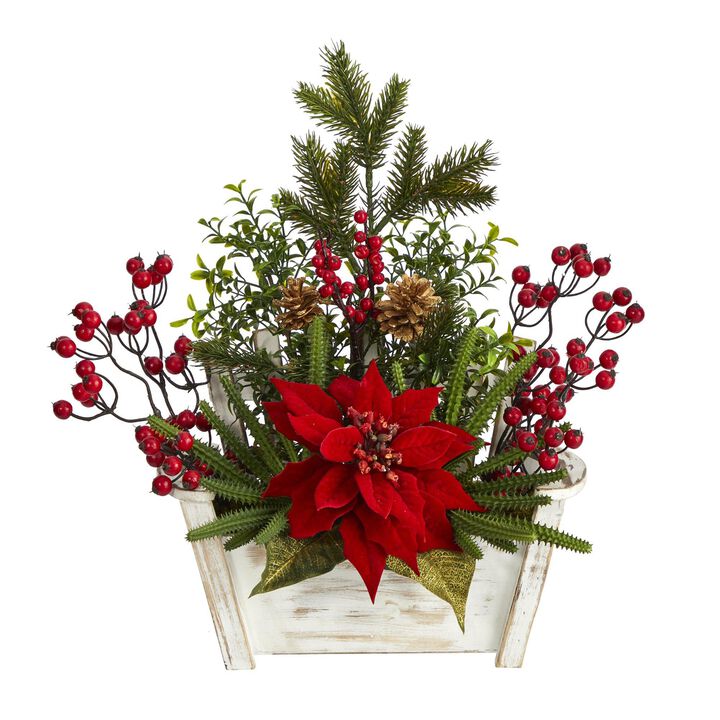 Nearly Natural 18-in Poinsettia, Succulent and Berry Arrangement in Planter