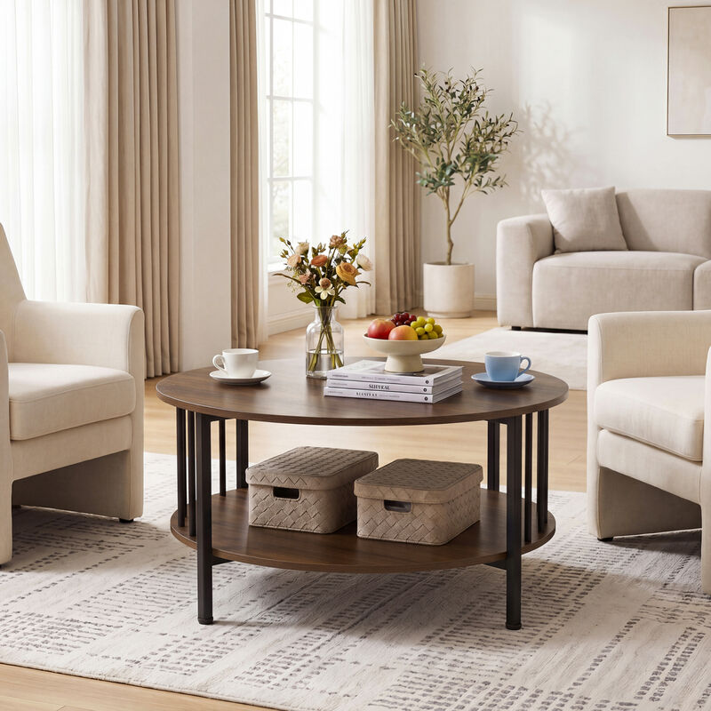 2 Tier Round Coffee Table with Open Storage Shelf and Metal Frame image number 3
