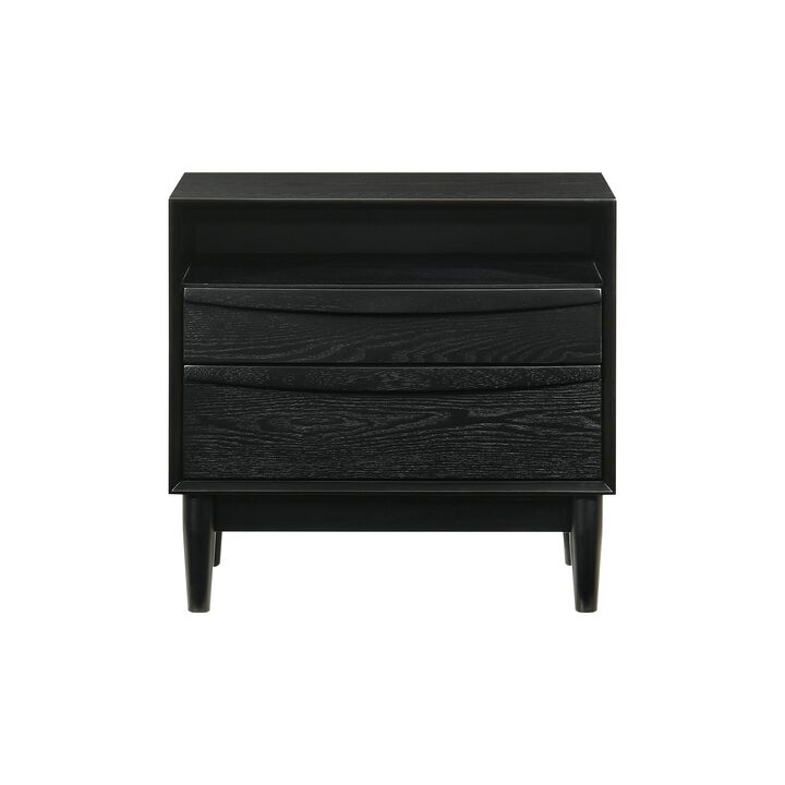 Mian 23 Inch Nightstand, 2 Drawer, Linear Undercut Handles, Wood, Black - Benzara