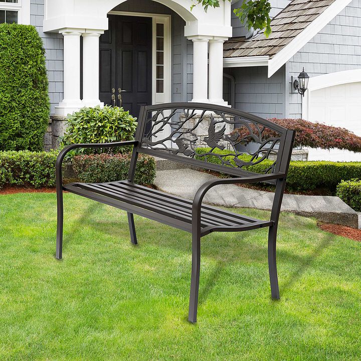 Brown 50" Vintage Animal Pattern Garden Cast Iron Patio Bench: Outdoor Furniture Loveseat Chair with Backrest and Armrest for Lawn, Porch