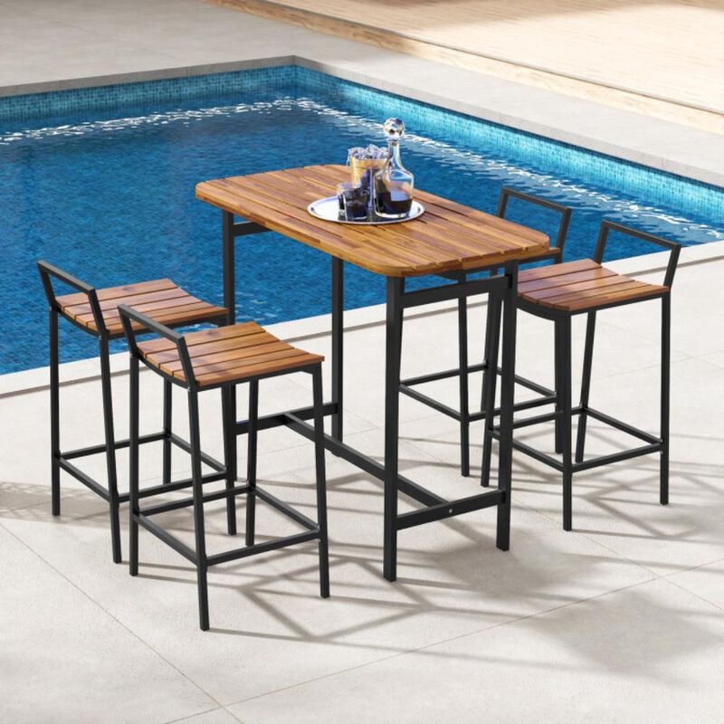 Hivvago 5 Piece Acacia Wood Bar Table Set Bar Height Table and Chairs with Metal Frame and Footrest