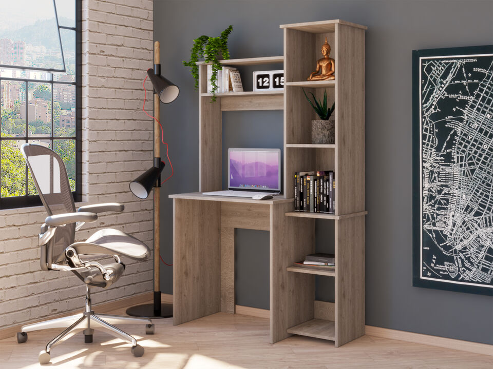 DEPOT E-SHOP Aramis Desk, Five Shelves, Two Superior Shelves, Light Gray