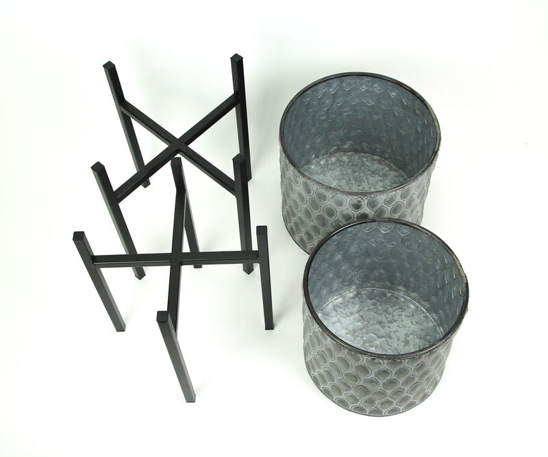 Set of 2 Galvanized Zinc Finish Leaf Pattern Metal Planters With Wooden Stands image number 2