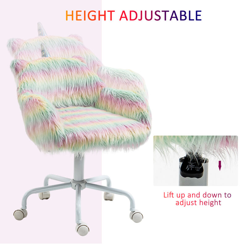 HOMCOM Fluffy Unicorn Office Chair with Mid-Back and Armrest Support, 5 Star Swivel Wheel White Base, Rainbow