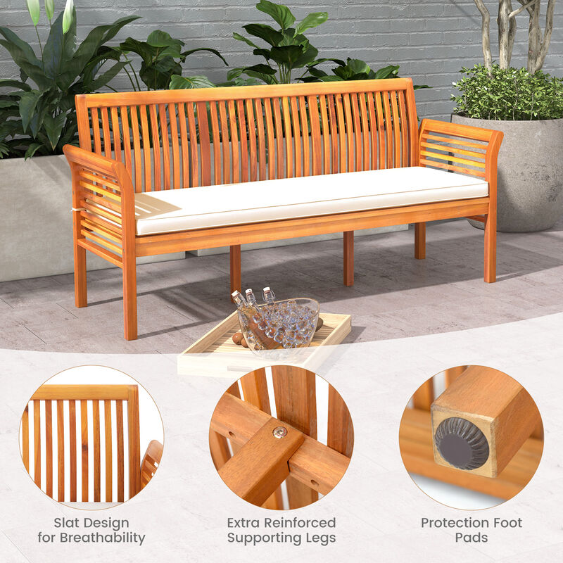 Patio 3-Seat Wooden Bench with Soft Cushions for Comfortable Outdoor Seating