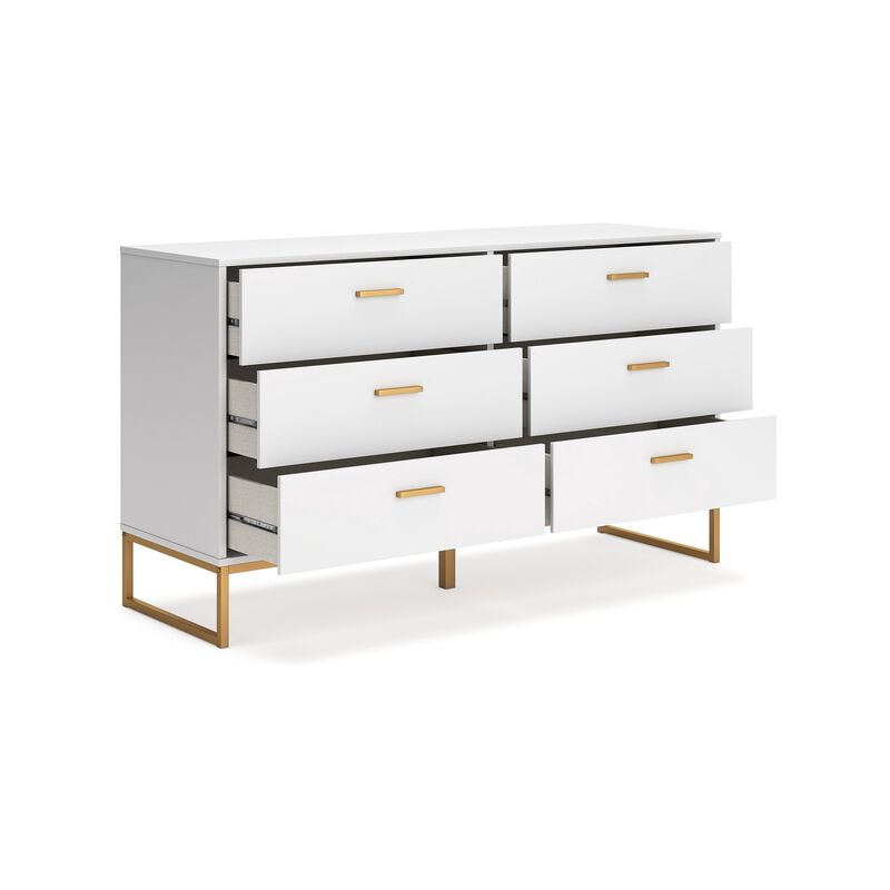 Alli Wide Dresser, 6 Drawers, Matte White Wood, Gold Metal, 59 Inch - Benzara