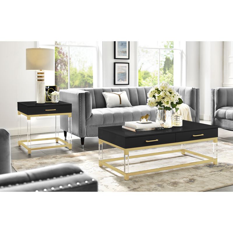 Inspired Home Kalel High Gloss 2 Drawers Coffee Table with Acrylic Legs Stainless Steel Base
