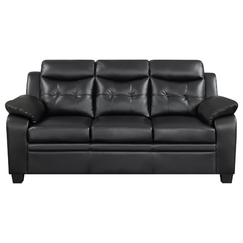 Finie 2 Piece Sofa and Loveseat Set, Black Faux Leather, Soft Foam