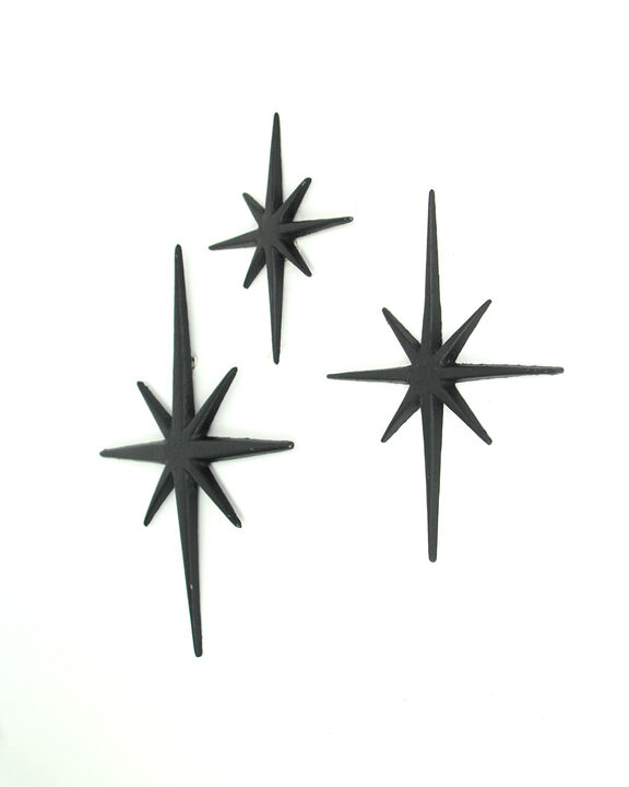 Set of 3 Black Cast Iron Starburst Wall Hangings Mid Century 8 Pointed Stars