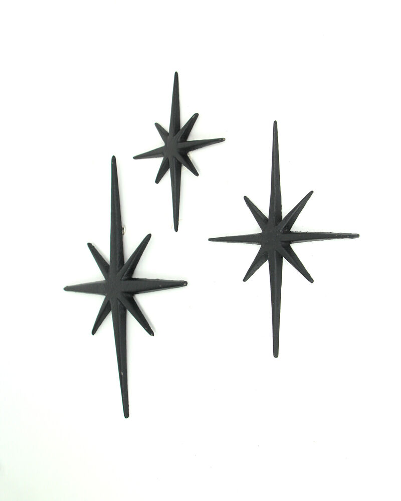 Set of 3 Black Cast Iron Starburst Wall Hangings Mid Century 8 Pointed Stars image number 1