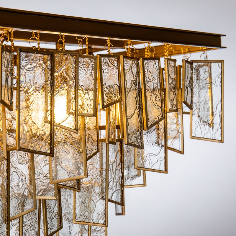 4-Light Vintage Antique Gold Rectangular Tiered Chandelier for Dining Room with Water Ripple Glass Shade image number 4