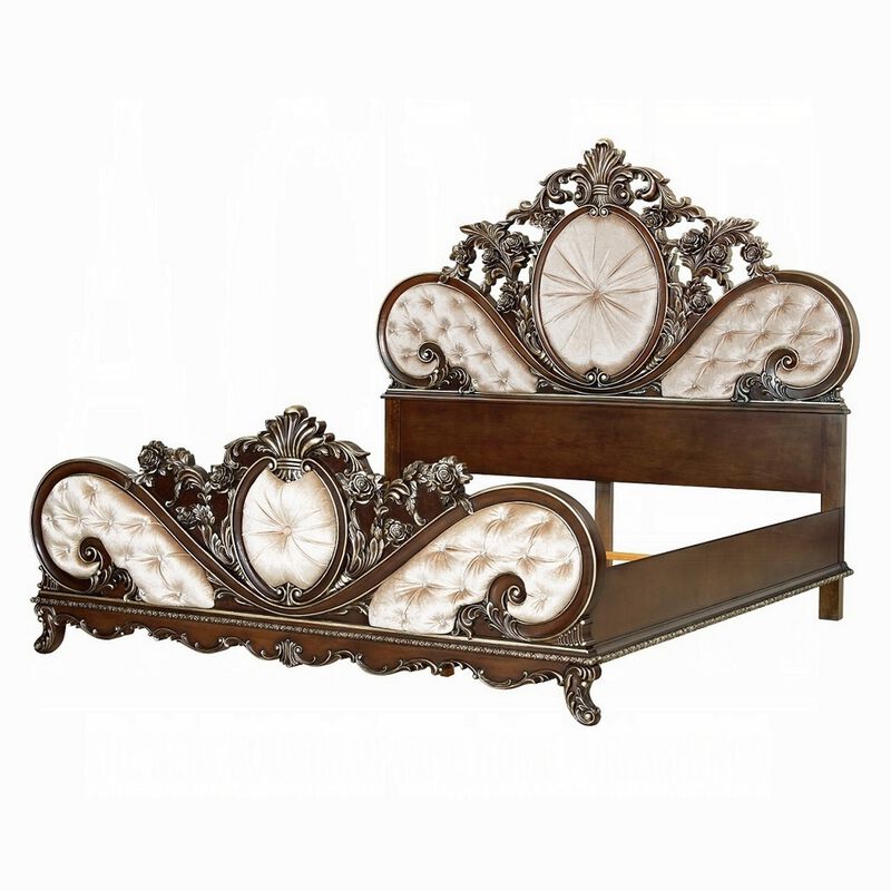 Vany Queen Bed, Scrolled Carved Headboard, Ivory Upholstery, Cherry - Benzara
