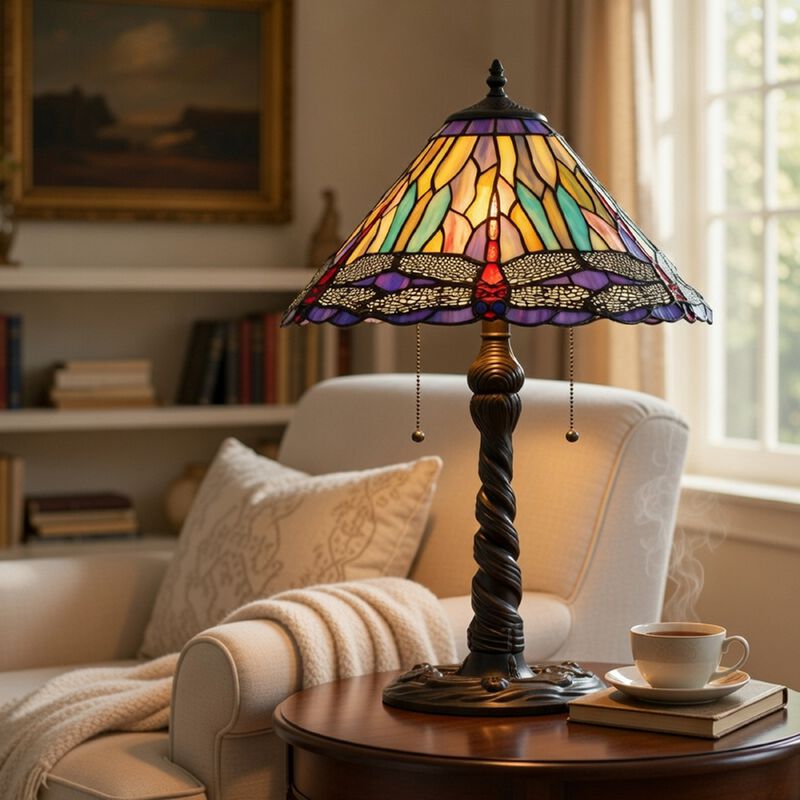 Eli Table Lamp, Tiffany Glass Shade, Blue Red Dragonfly Design, Bronze, 23In image number 8