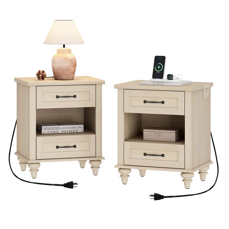 WAMPAT Set of 2 End Tables with Charging Station, Rustic Nightstand for Bedroom with 2 Drawers & Open Shelf, 2 Pack Wooden End T