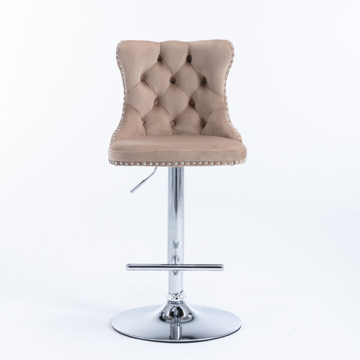 Streamdale Adjustable Khaki Velvet Bar Stools, Set of 2