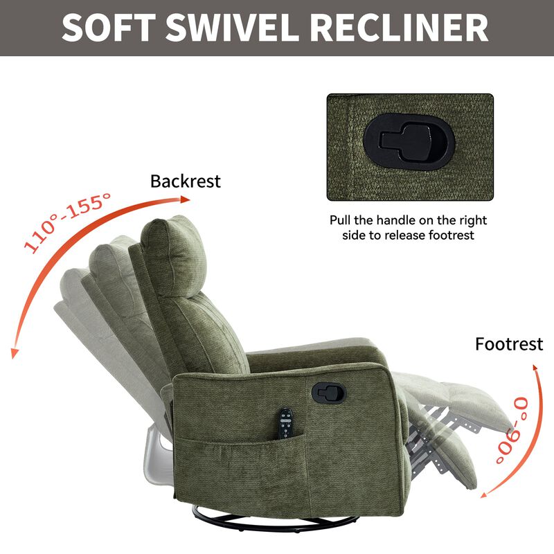 Chenille Manual Recliner Chair with Heat and Massage, Living Room Rocker and Swivel Chair image number 7