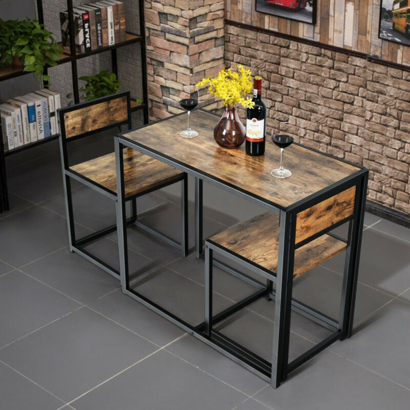 3 Pcs Dining Set Compact Table and 2 Chair with Metal Frame for for Small Space image number 7
