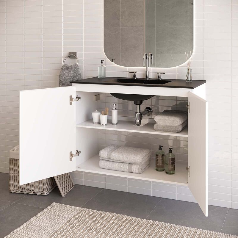 Modway Bryn 36" Modern Wood/Ceramic Wall-Mount Bathroom Vanity in Gray/Black image number 1