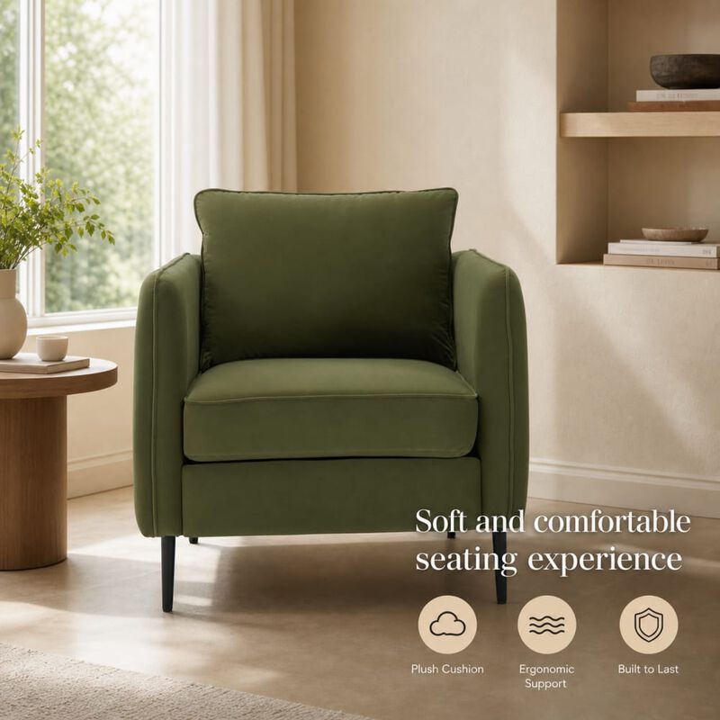 GOODSILO Mid-Century Modern Velvet Accent Chair Comfy Single Armchair with Pillow and Metal Legs for Living Room Bedroom Office image number 4