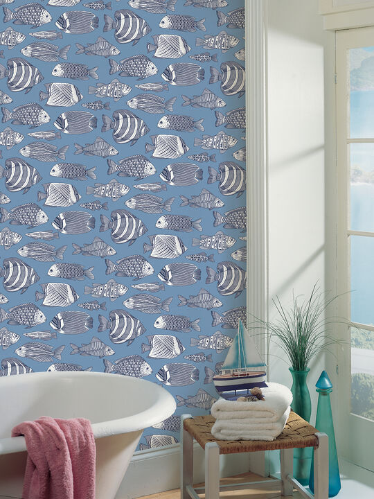 Wailea Sky Blue Tropical School Wallpaper (Set of 2)