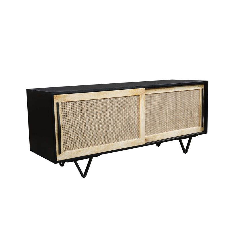 Handcrafted 60-Inch TV Media Console with Rattan Sliding Doors - Natural Brown And Matte Black Finish