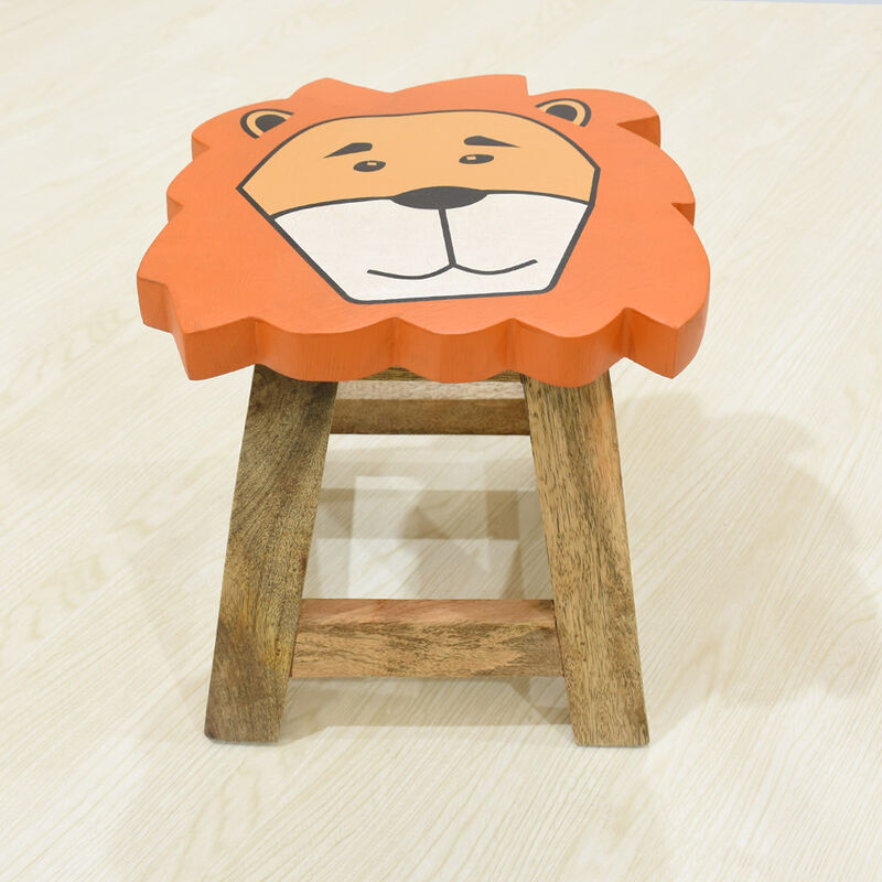 Handmade 100% Mango Wood Kids Yellow Color Lion Shaped Seat Indoor Stool