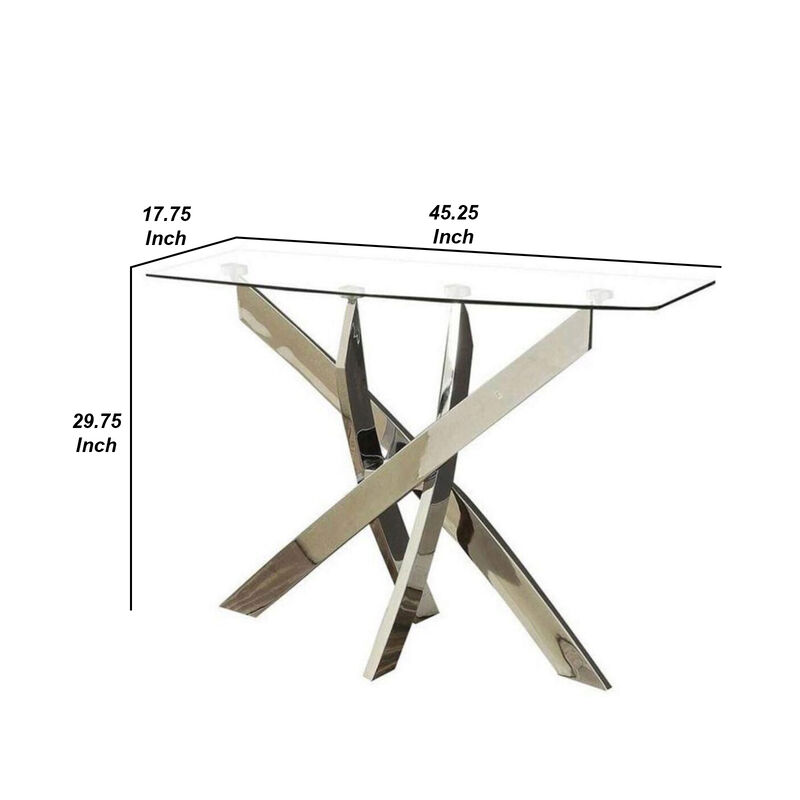 Rectangular Glass Top Sofa Table with Criss Cross Base, Silver and Clear