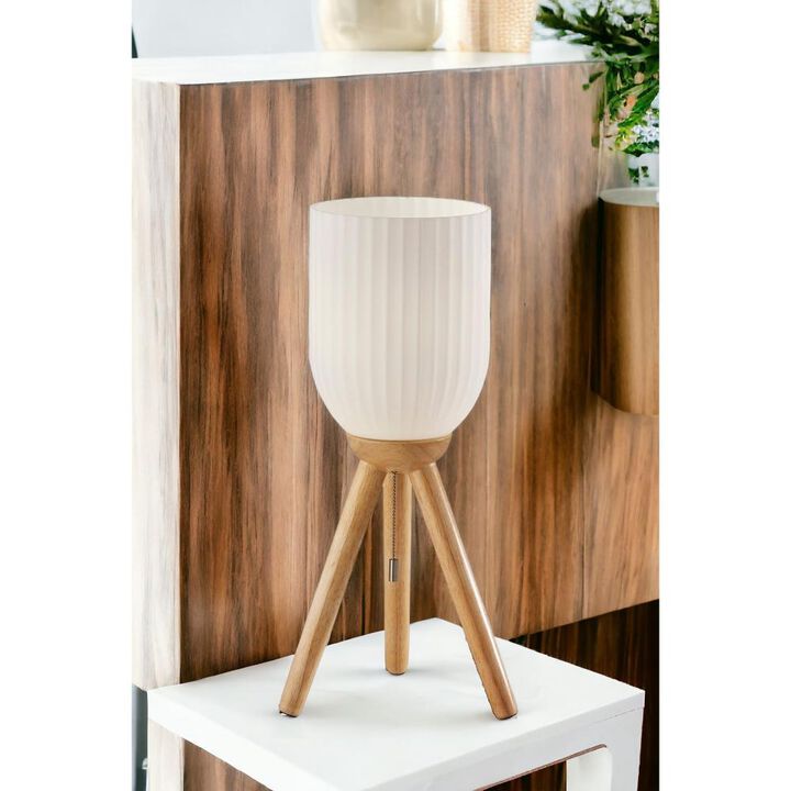 Hivvago 23" Natural Solid Wood Tripod Table Lamp With White Ribbed Glass Shade