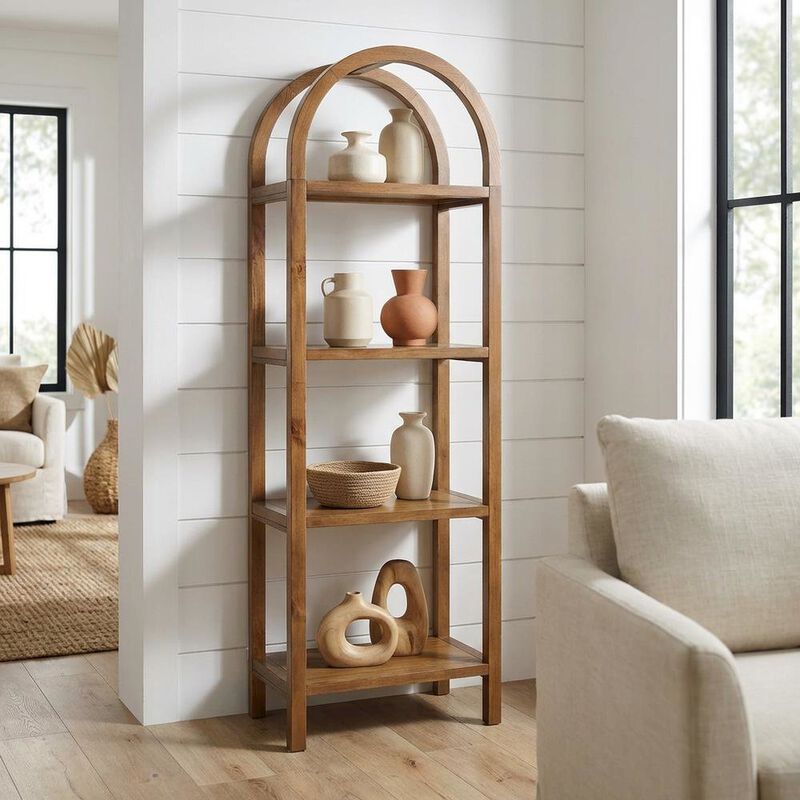 Tall brown arched bookshelf with engineered wood frame for stylish storage image number 4