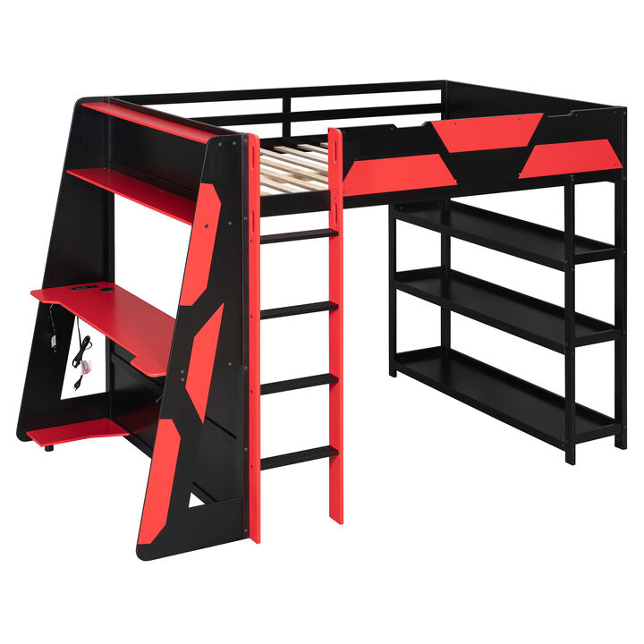 Merax Full Size Gaming Loft Bed with Side Desk & Storage Shelves