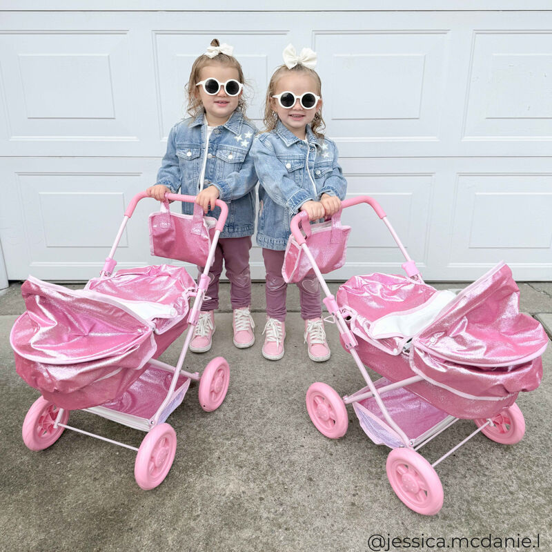 Olivia's Little World Baby Doll Bassinet Pram with Cover, Glitter Pink Doll Stroller with Retractable Canopy, Handle and Under Pram Storage for Doll Accessories image number 4