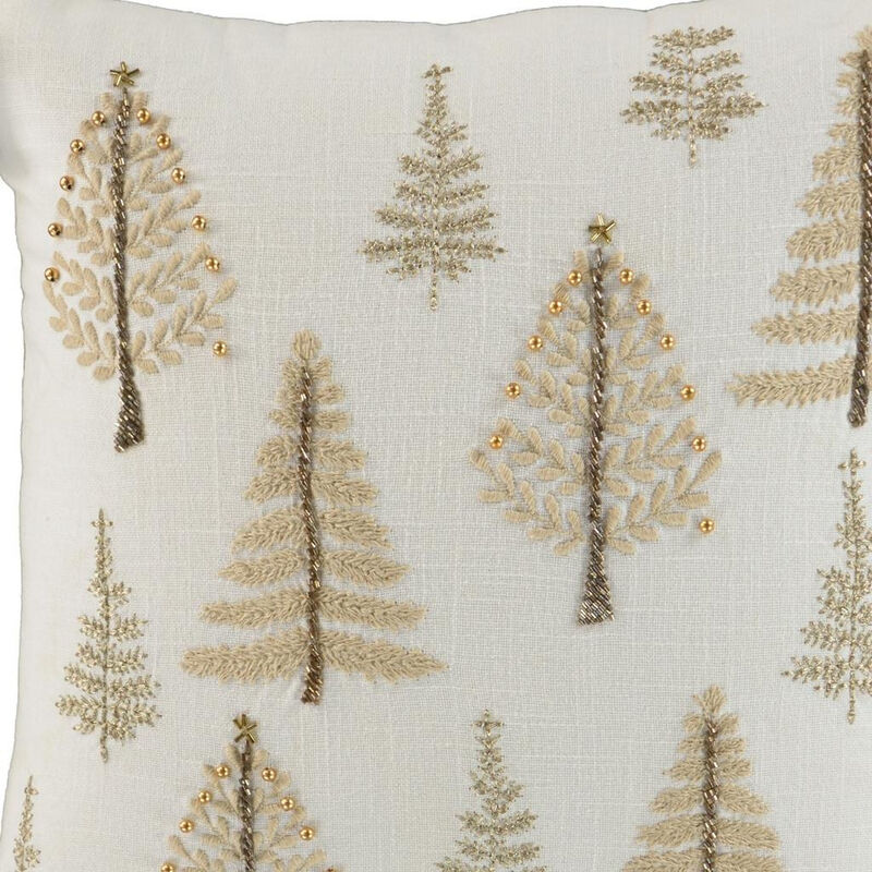 HomeRoots 18" Natural Silver And Gold Cotton Christmas Trees Throw Pillow With Beads And Embroidery image number 2