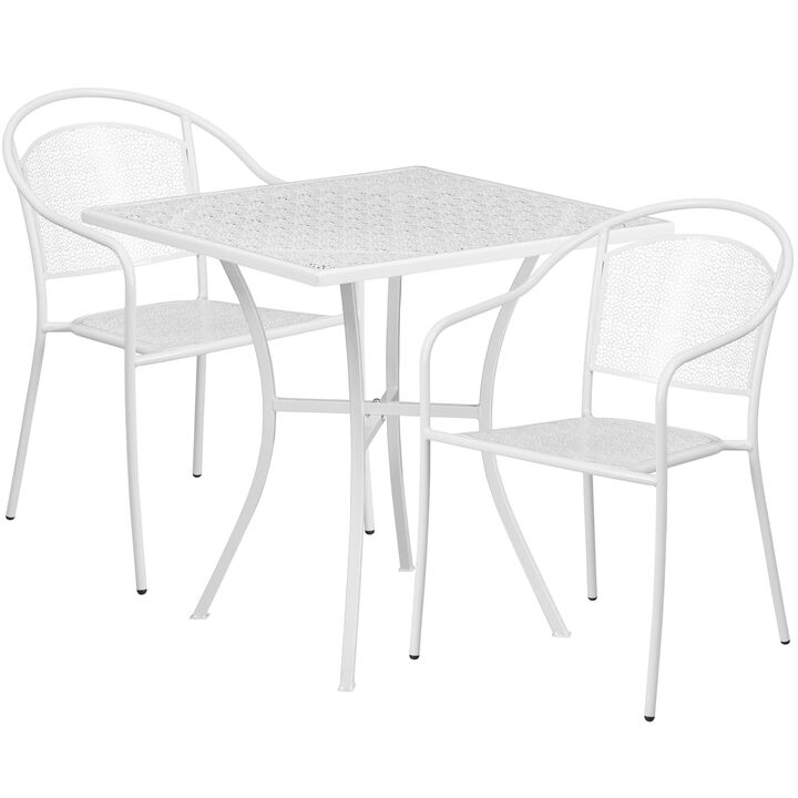 Flash Furniture Commercial Grade 28" Square White Indoor-Outdoor Steel Patio Table Set with 2 Round Back Chairs
