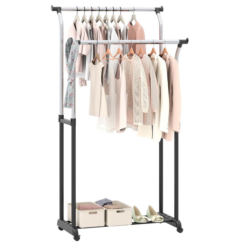 Double Rod Garment Rack with Wheels, Adjustable Height Rolling Clothes Organizer-Silver image number 4