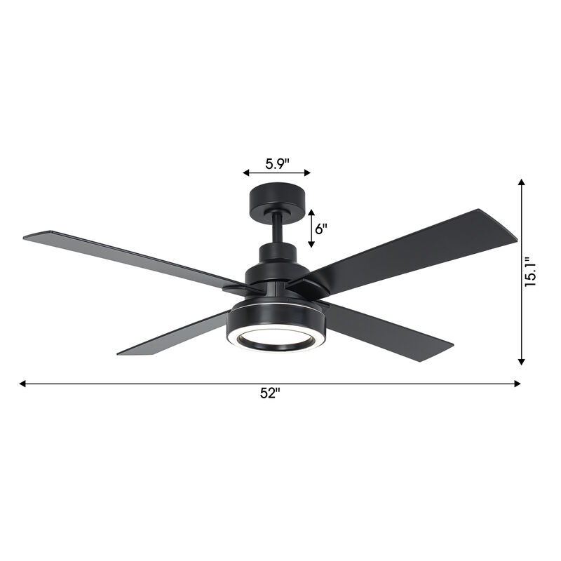 52 in. Smart Integrated LED Matte Black Ceiling Fan with APP Control and Remote