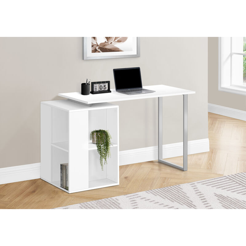 Monarch Specialties I 7600 Computer Desk, Home Office, Left, Right Set-up, Storage Shelves, 55"L, Work, Laptop, Metal, Laminate, White, Grey, Contemporary, Modern