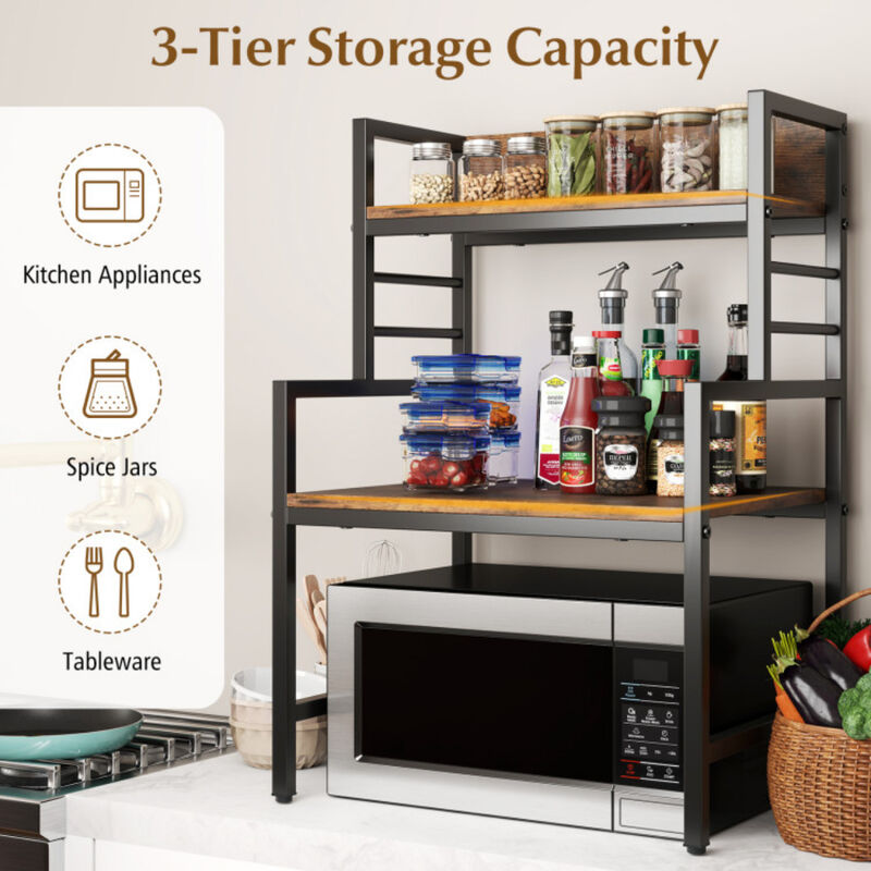 3-Tier Microwave Oven Stand with 2 Storage Shelves and Heavy-Duty Frame-Rustic Brown image number 5