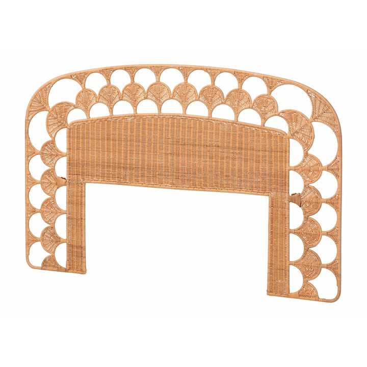 bali & pari Felician Natural Rattan Standalone Headboard - Handwoven Wicker Panel Headboard with Scalloped Fan Motif, Queen