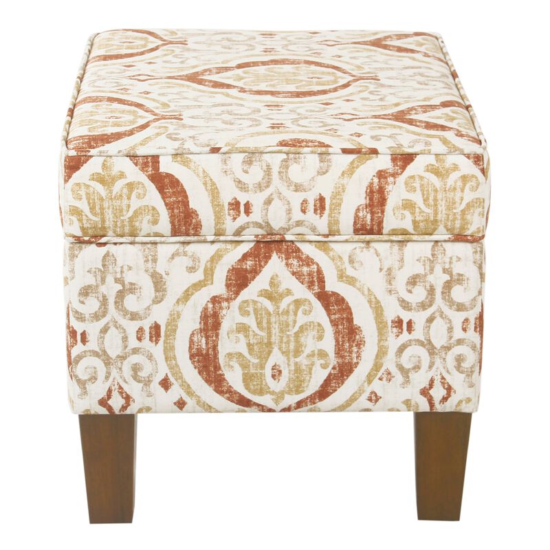 Ishi Accent Storage Ottoman, 22 Inch Orange and Beige Paisley Design - Benzara