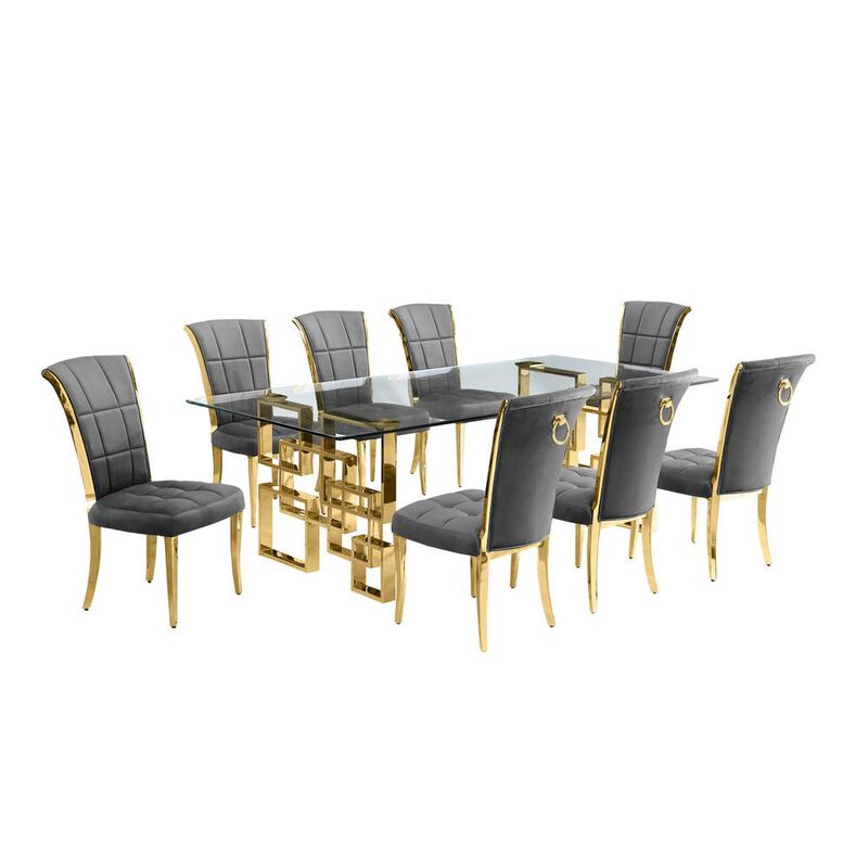 9-piece glam dining set with 8 dark grey chairs and a 95" long glass  table