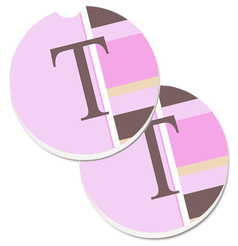 Caroline's Treasures Letter T Initial Monogram - Pink Stripes Set of 2 Cup Holder Car Coasters CJ1005-TCARC, 2.56, Multicolor