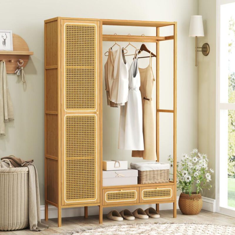 Hivvago Bamboo Clothing Rack with Cabinet and Drawers and Hanging Rod