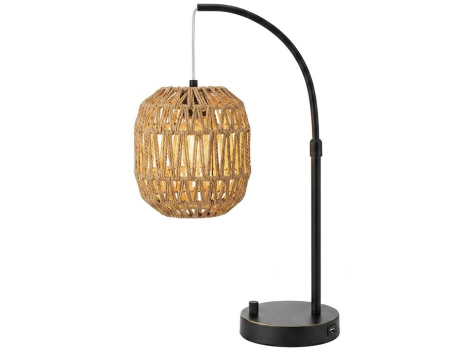 USB Port Boho Metal Rattan Bedside Lamp For Bedroom Office Nightstand